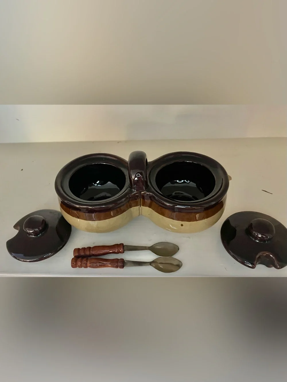 Stoneware Pottery Double Condiment Jam & Jelly Server Brown Vintage with spoons
